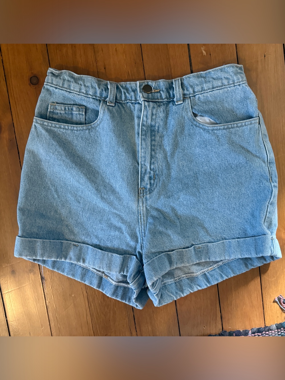 American Apparel Light Blue High-Waist Rolled Hem Denim Shorts